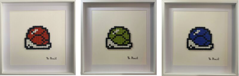 blue green red shell, mosaïque triptyque, pièce unique